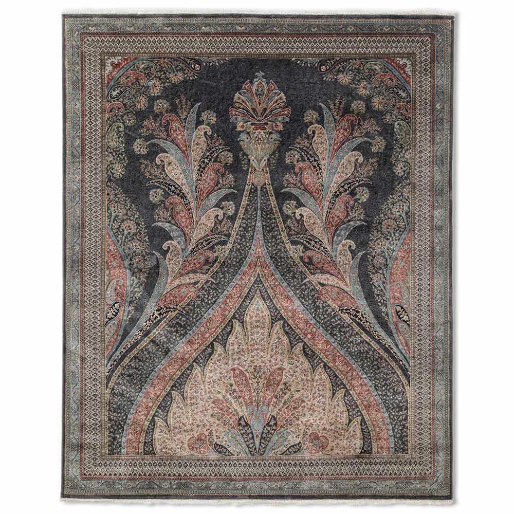 Tabeer Black Handknotted Silk and Wool Rug By JJ Valaya