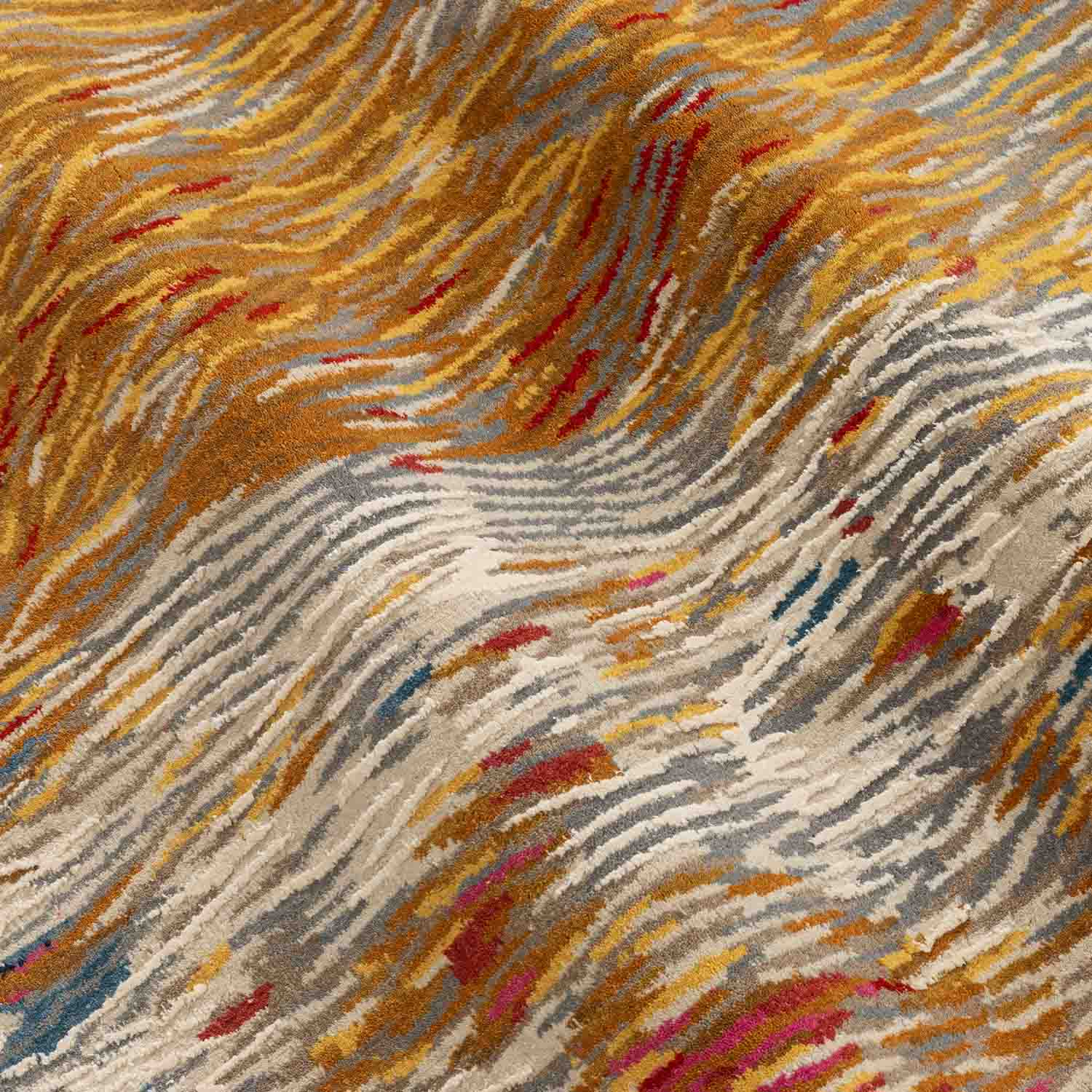 Alara hand knotted wool and silk rug by Angeli Sowani for Obeetee - styled view
