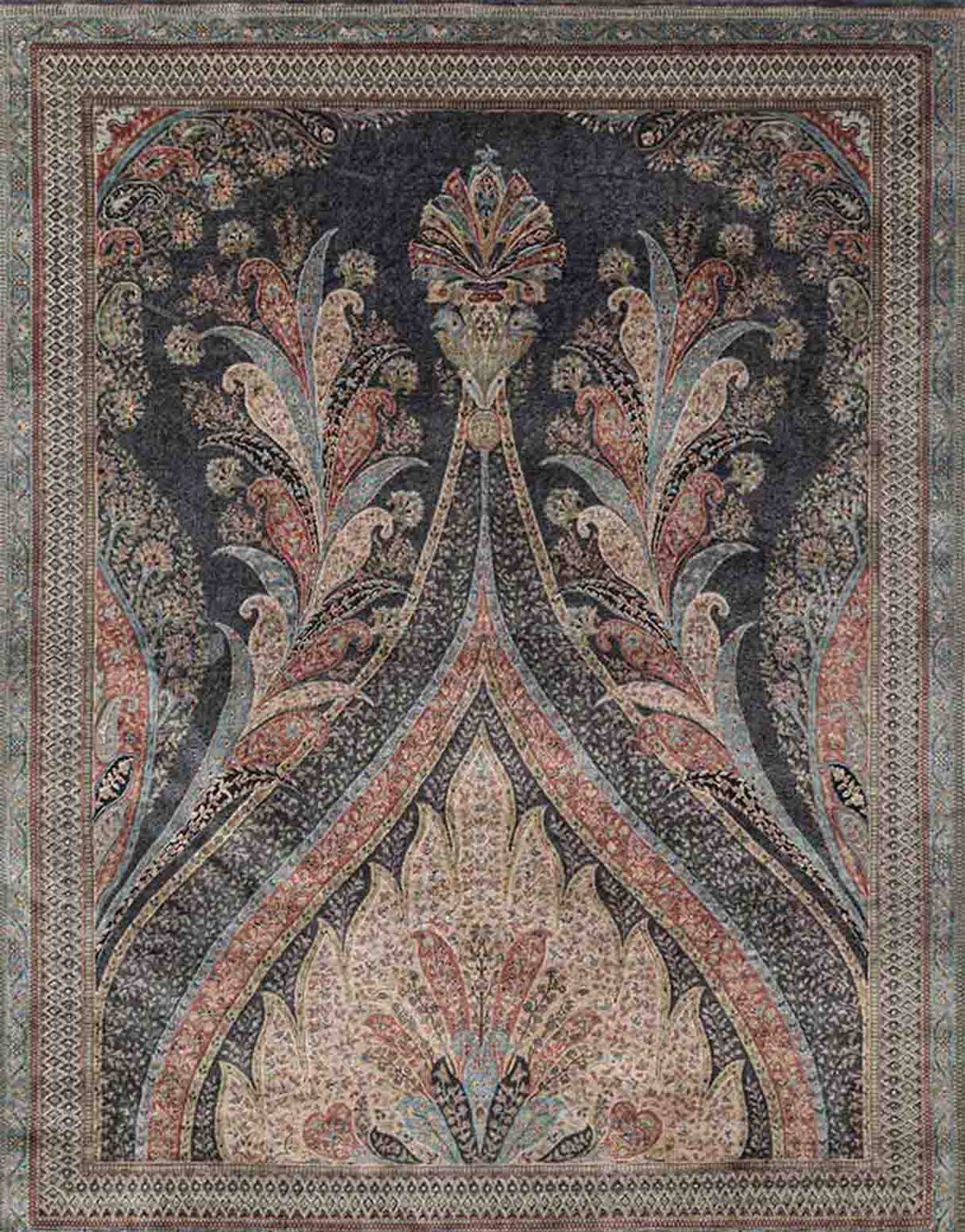 Tabeer Black Handknotted Silk and Wool Rug By JJ Valaya