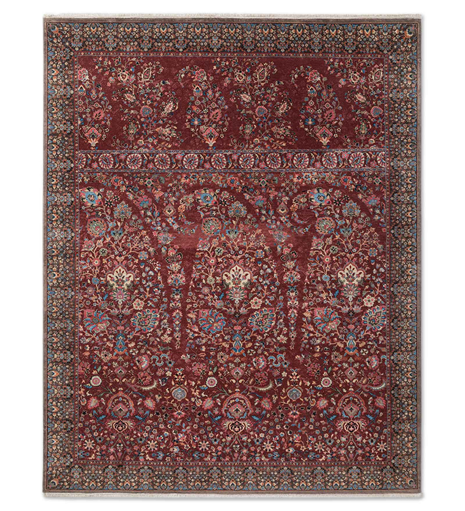 Vasyl Maroon Handknotted Silk and Wool Rug By JJ Valaya